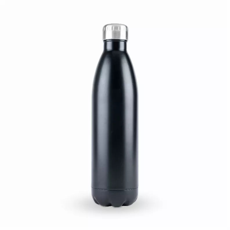 Black 750 ml water bottle with metal screw cap, stainless-steel look