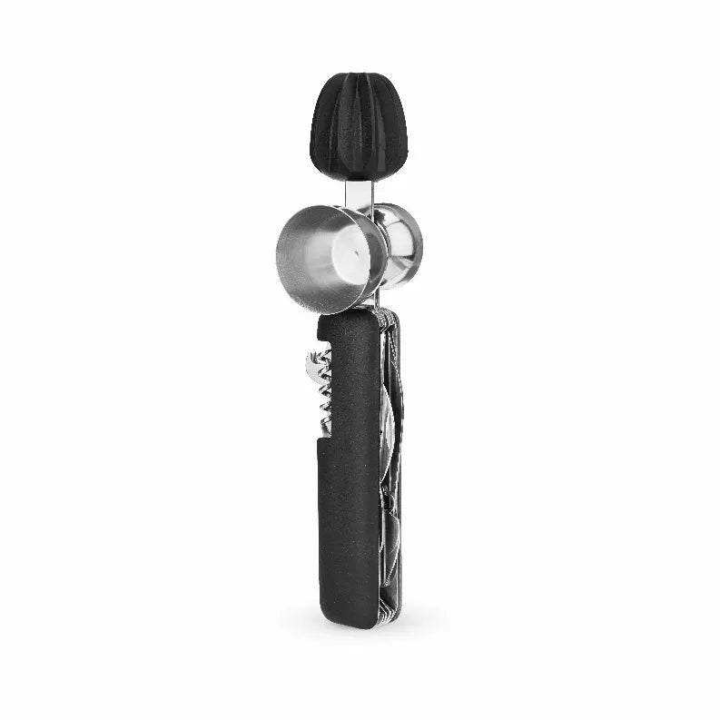Black multi-tool with metal head and loop handle, 10-in-1 design