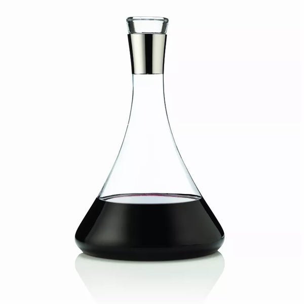 Chrome-neck clear glass decanter with flared top and wide base