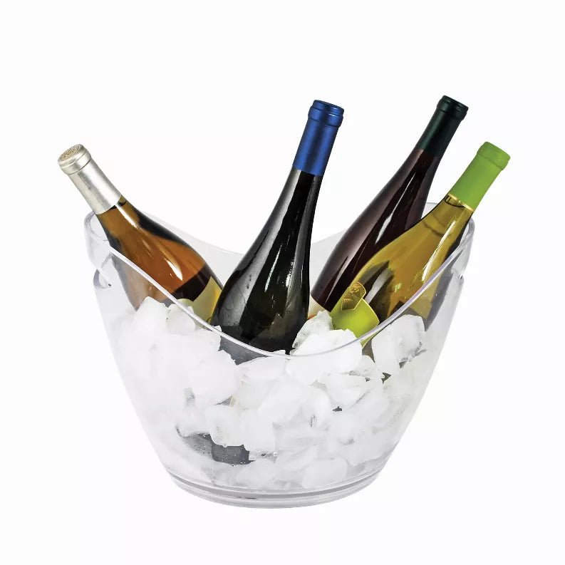 Clear ice bucket holding four bottles with crushed ice