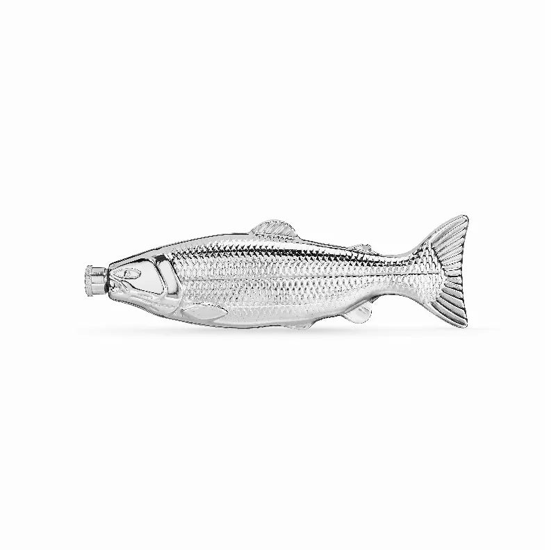 Silver stainless steel trout-shaped flask with screw cap
