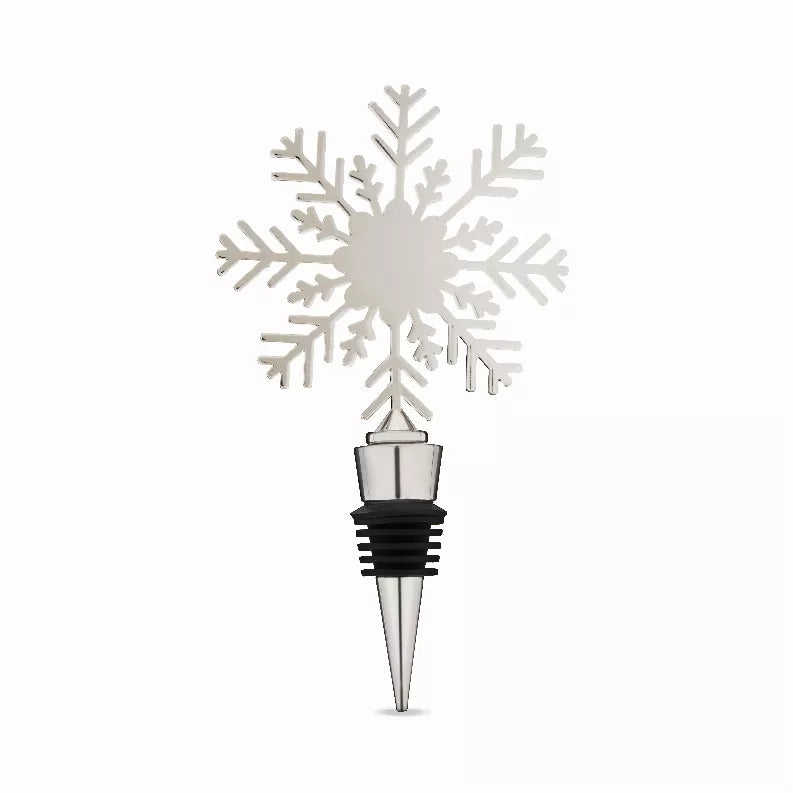 Twine holiday snowflake bottle stopper, silver metal top with black collar and tapered end