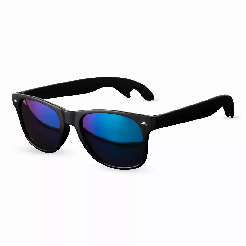 Matte black sunglasses with blue mirrored lenses and integrated bottle opener detail