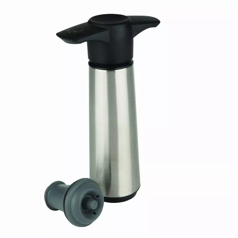 Vac Vin stainless steel wine saver with black pump top and stopper, silver finish.
