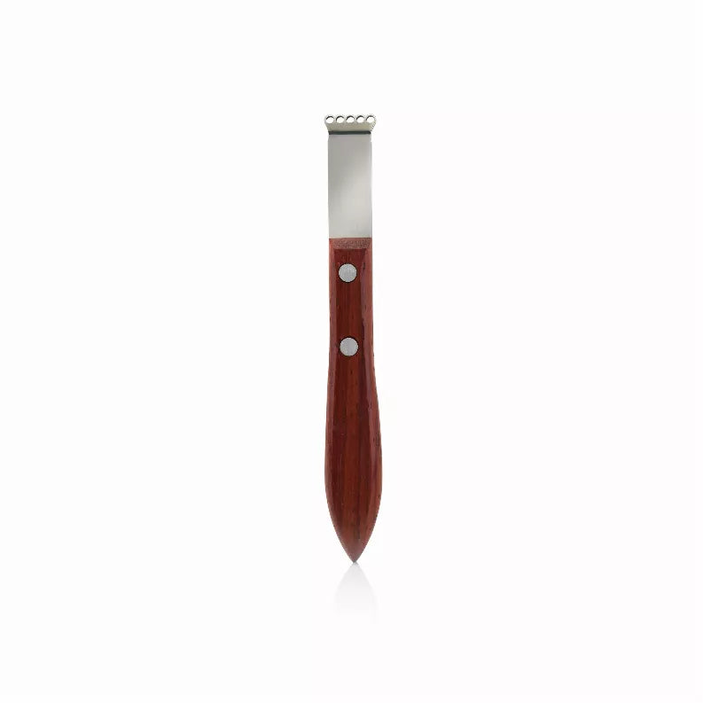 Wood-handled citrus zester with stainless grater blade and hanging ring