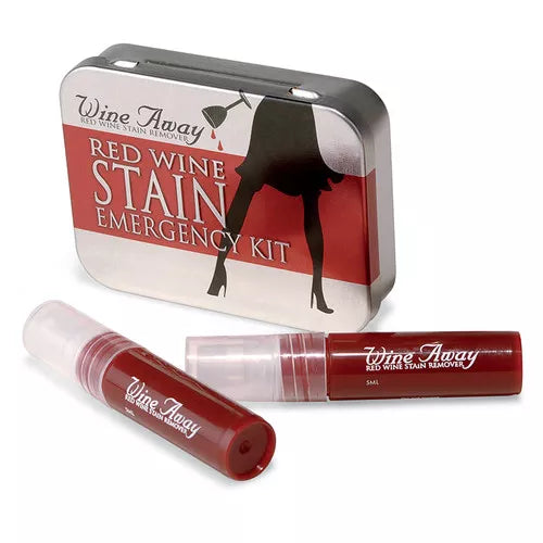Red wine stain emergency kit with silver tin and red applicator tube