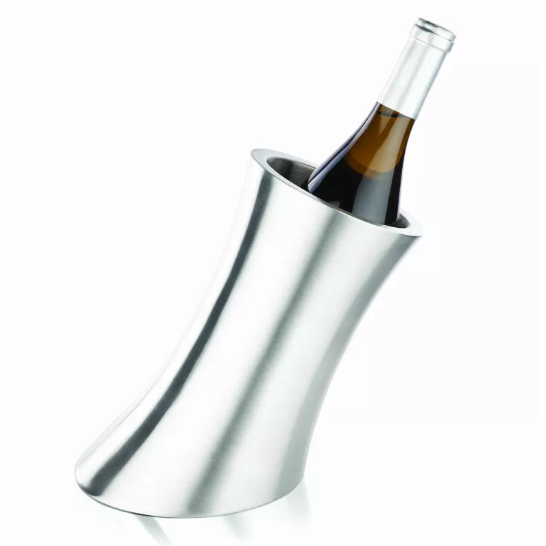 Viski Harrison convex bottle chiller in silver metal, holds a wine bottle
