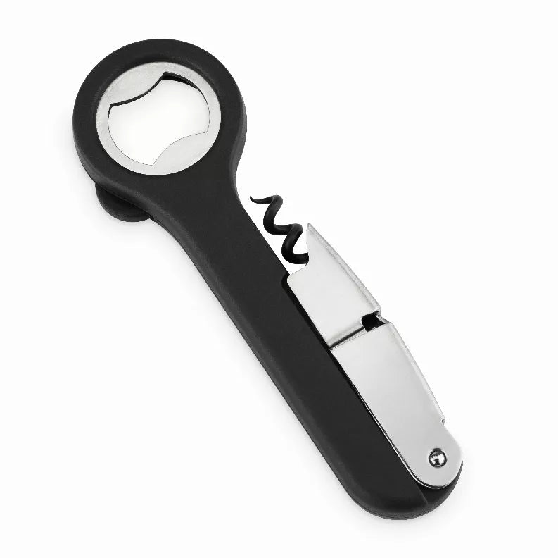 Black waiter-style corkscrew with metal opener head and grip handle