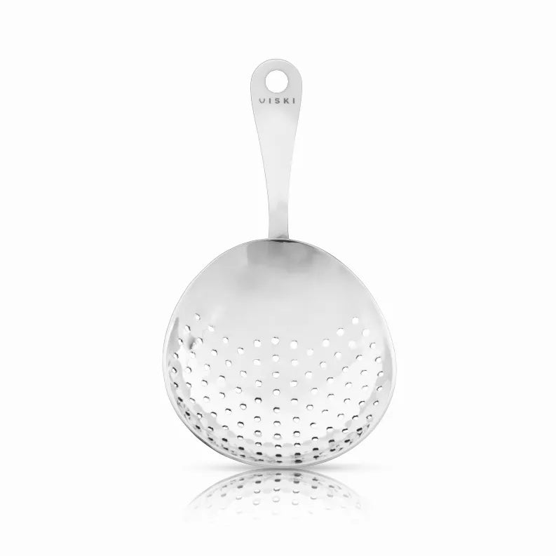 Viski stainless steel julep strainer with round perforated mesh and long handle