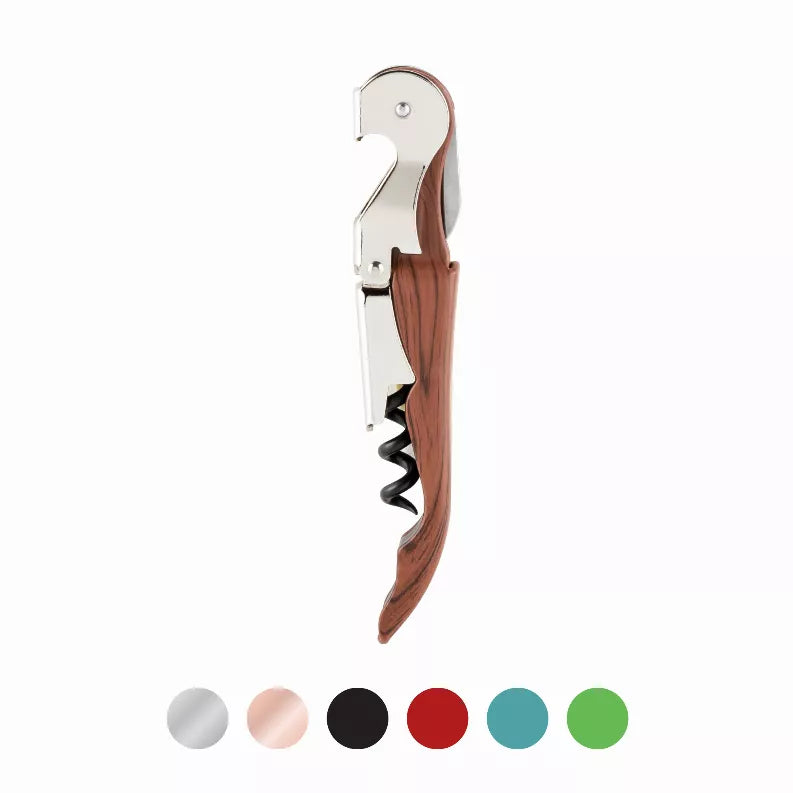 Wood-handled double-hinge corkscrew with riveted hinge and foil cutter