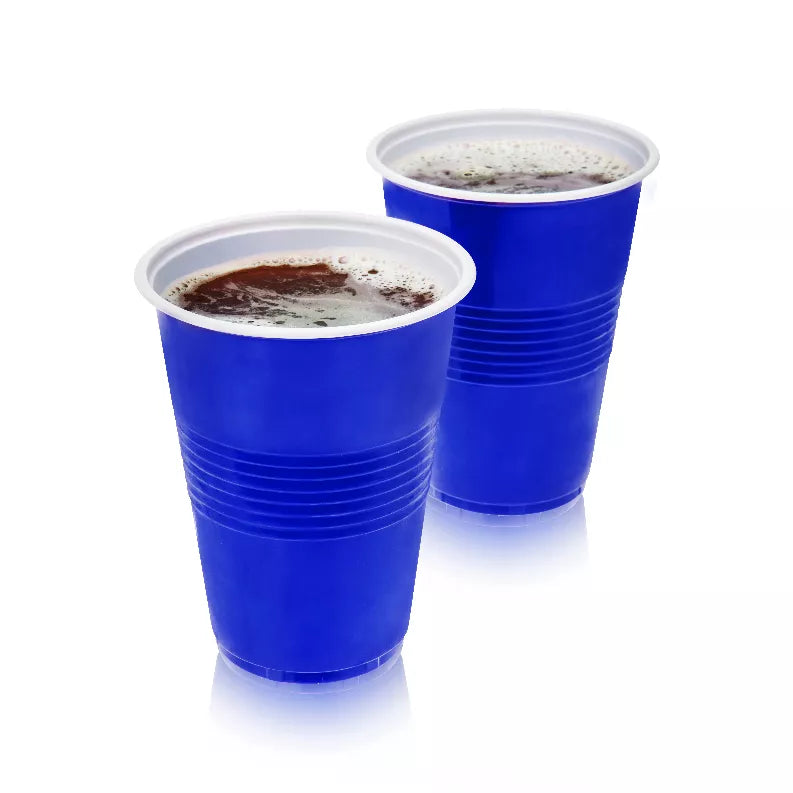 Blue plastic party cups, 16 oz; 2 stacks with clear rims