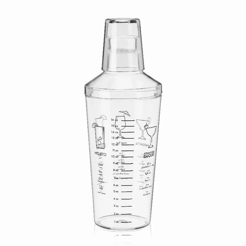 Clear plastic recipe shaker bottle with measurement markings and dispensing spout