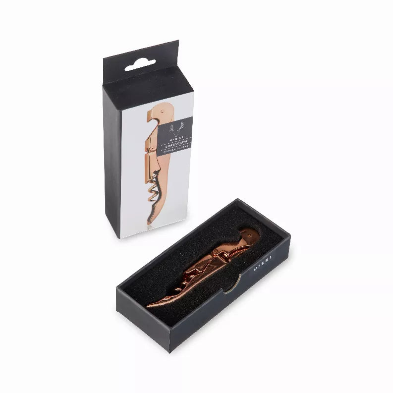 Copper double-hinged corkscrew by Viski, shown in retail box.
