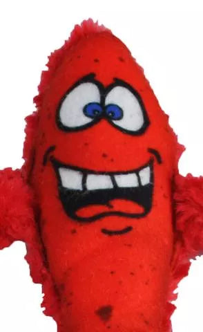 Red plush lobster-shaped dog toy with big angry face and textured fabric