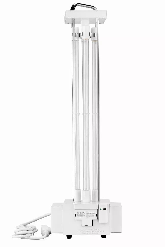 UVC tabletop UV sterilizer with stainless steel lamp tubes and white base stand