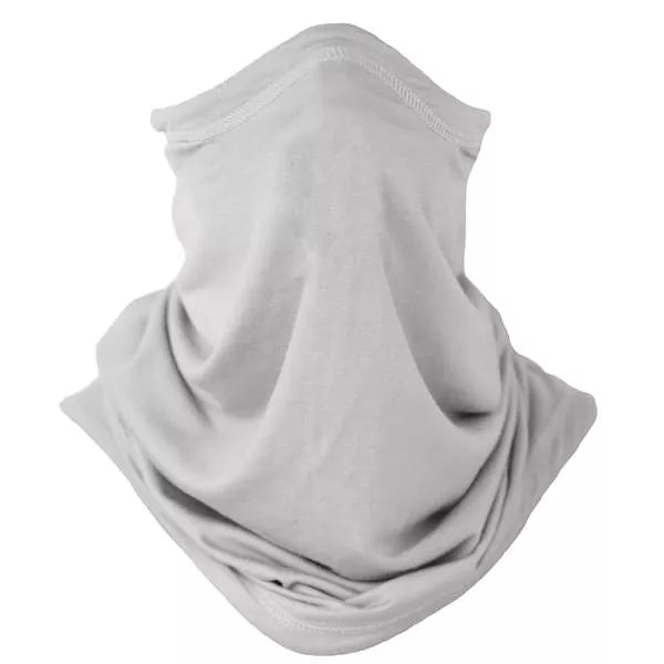 Grey neck gaiter, draped multi-use face covering with soft stretch fabric.