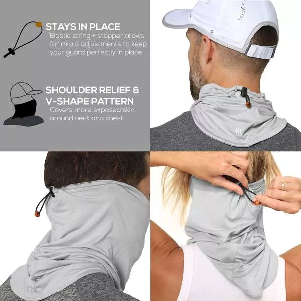 Light grey neck gaiter with adjustable cord, V-shape around neck and chest.