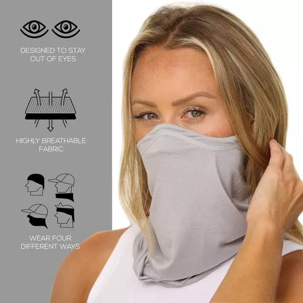 Light grey neck gaiter worn on face and neck, smooth stretch fabric.