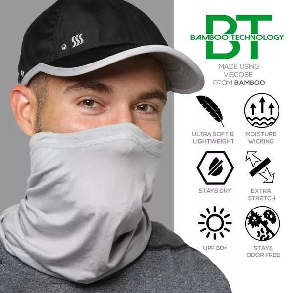 Grey neck gaiter covering lower face and neck, lightweight soft fabric.