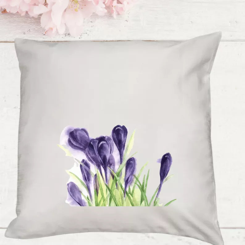 18x18 white pillow cover with purple iris flowers print