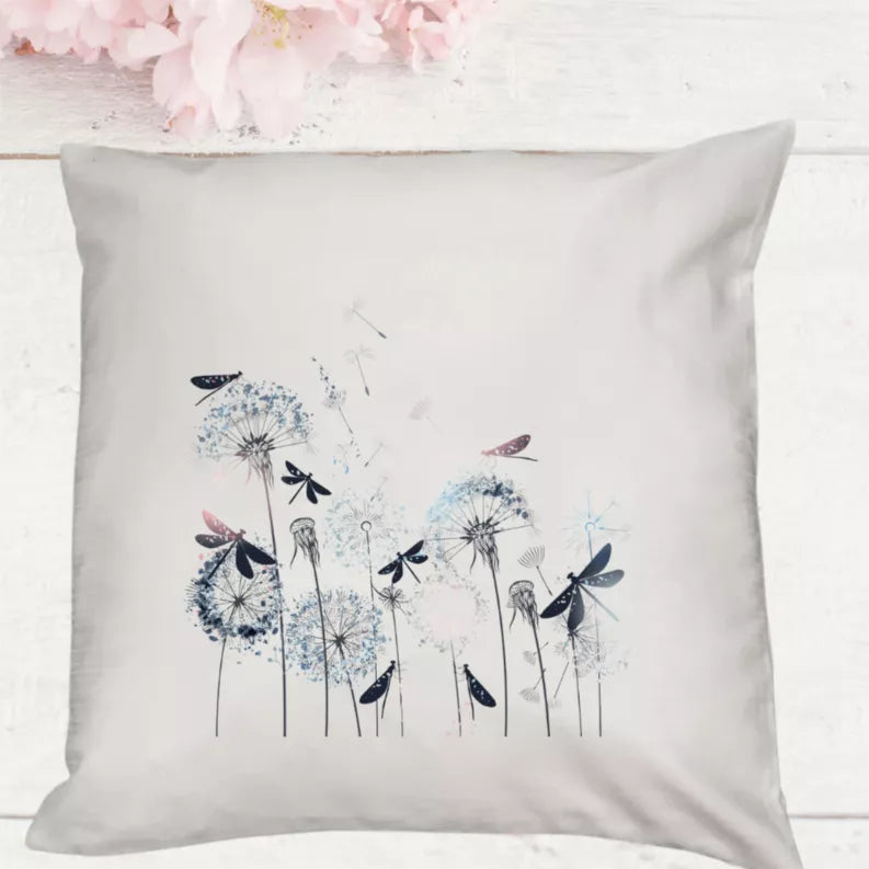 White dandelion pillow cover with blue and pink floral print