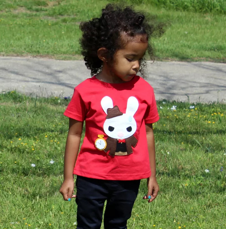 Kids red t-shirt with white rabbit cartoon graphic, short sleeves