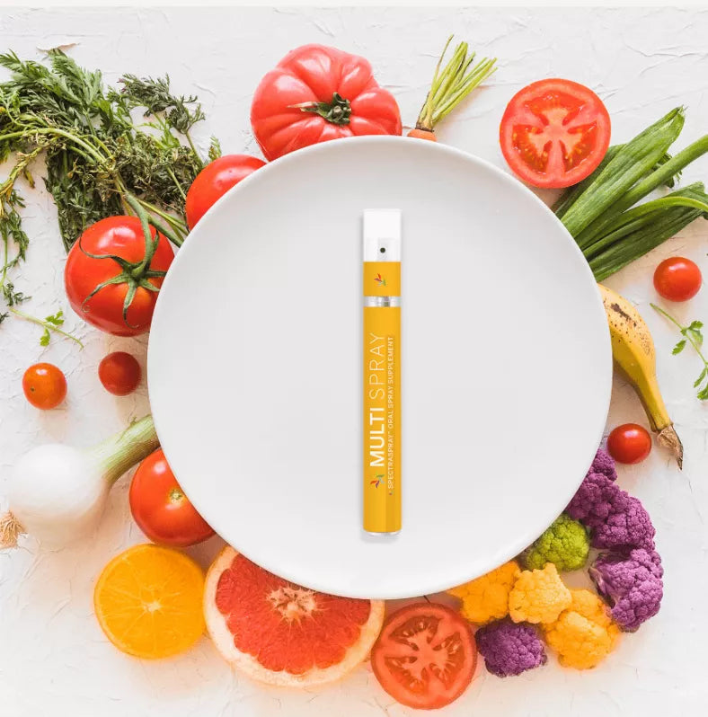 Multivitamin oral spray bottle in a white circular display stand