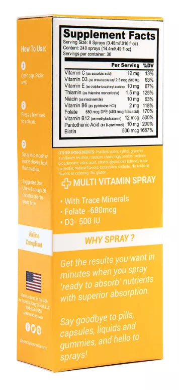 Multivitamin oral spray box side with Supplement Facts and benefit highlights