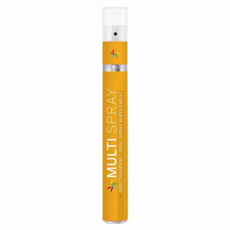 Multivitamin oral spray canister with yellow label and white spray nozzle