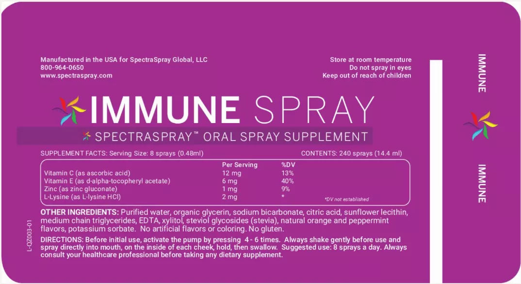 Immune Power oral spray supplement box label, purple and white text