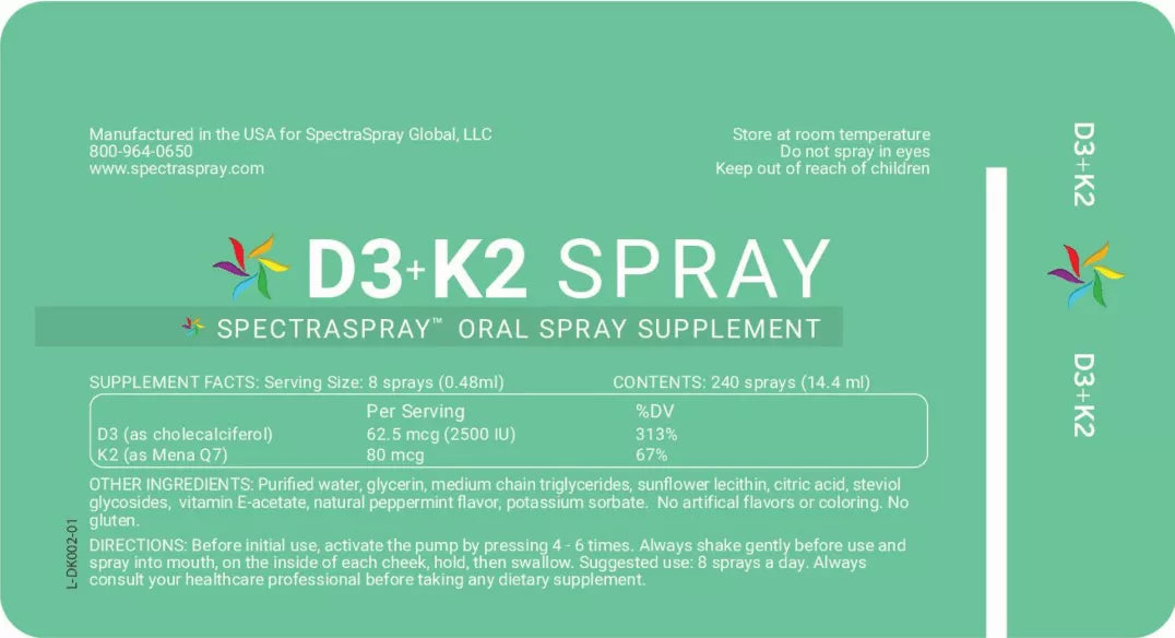 D3+K2 oral spray supplement box label, green panel with white text
