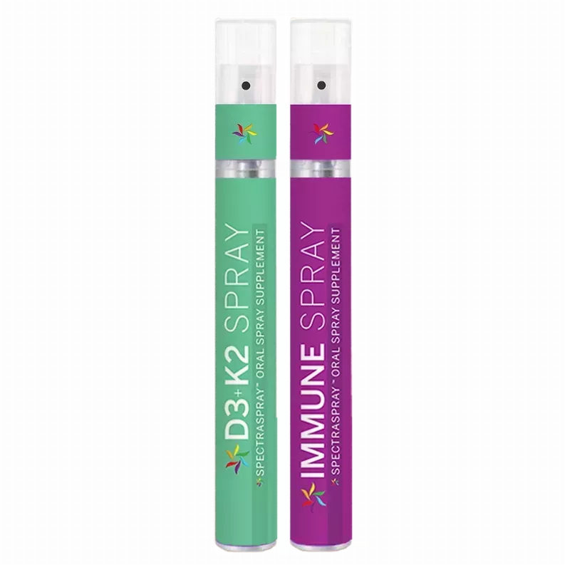 Two oral spray bottles, D3+K2 and immune power, purple and green labels