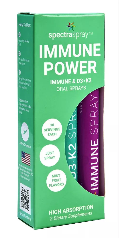 Immune Power oral spray supplement box, mint green with purple K2 panel