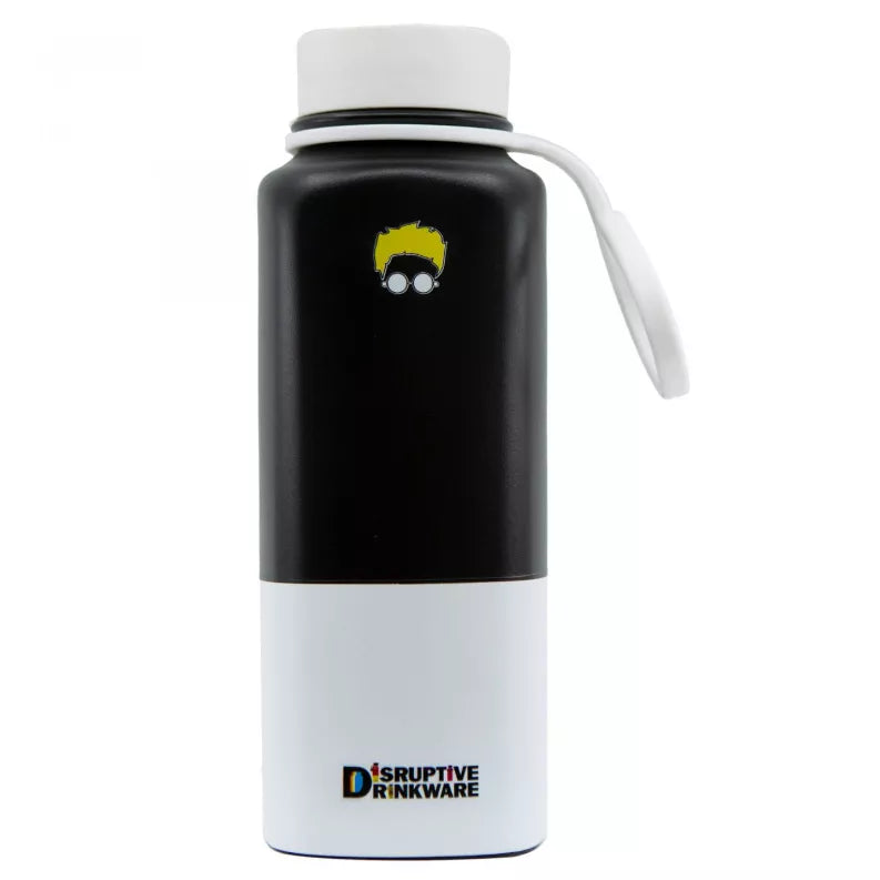 Black and white insulated drink bottle with carry handle and front logo.