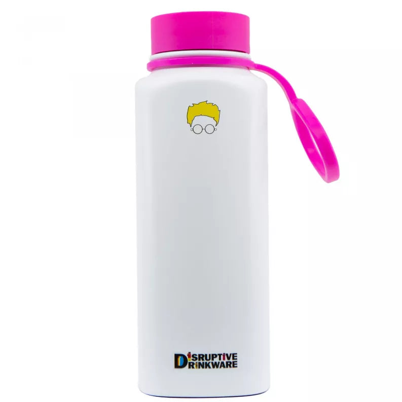 White drink bottle with pink lid and side loop handle, character and brand mark