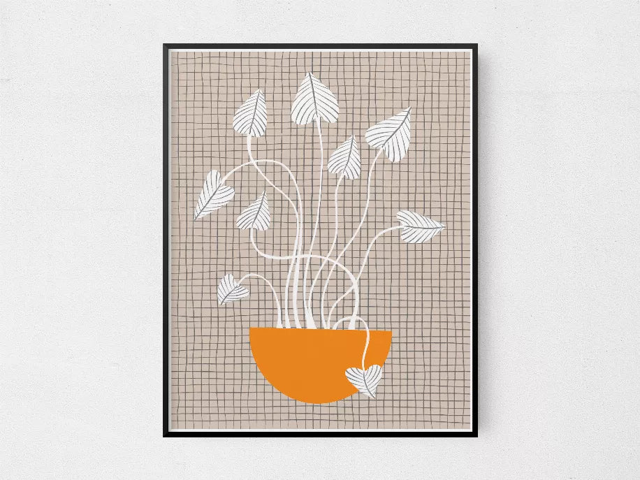 Framed potted plant illustration with white leaves and orange planter on grid paper