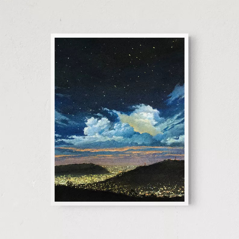 5x7 framed landscape print with night sky, dramatic clouds, and distant city lights