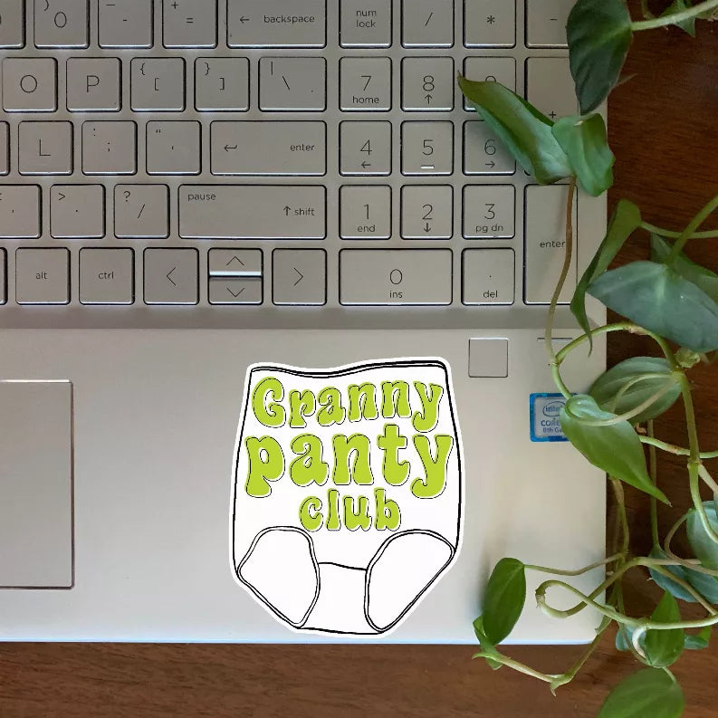 Granny panty club sticker with cartoon underwear graphic, green and white design