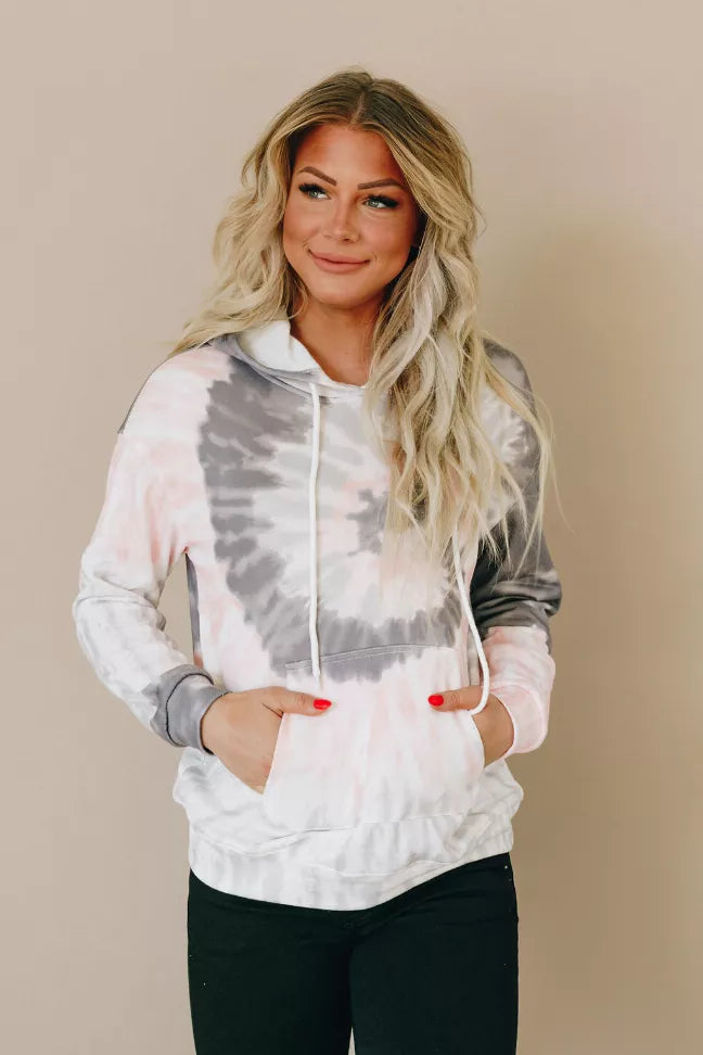 Grey and white tie-dye zip hoodie with hood and front pocket