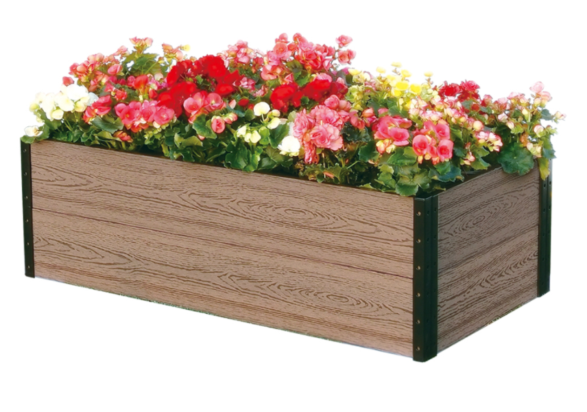 Raised garden bed with dark green frame and wood-grain sides, filled with flowers