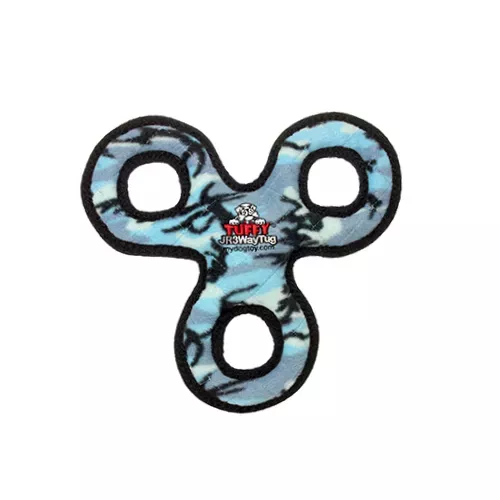 Blue camouflage 3-way tug toy with three fabric loop handles