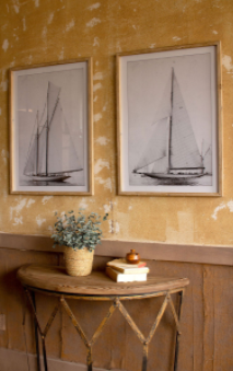 Set of two framed sailboat prints under glass with gray ships on white backgrounds