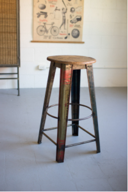 Wooden-topped bar stool with multi-tone metal legs