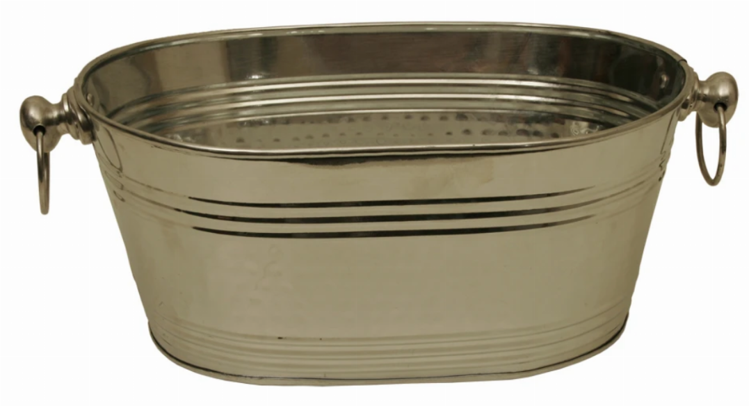 Polished silver beverage bucket with side handles, round rim, ribbed body