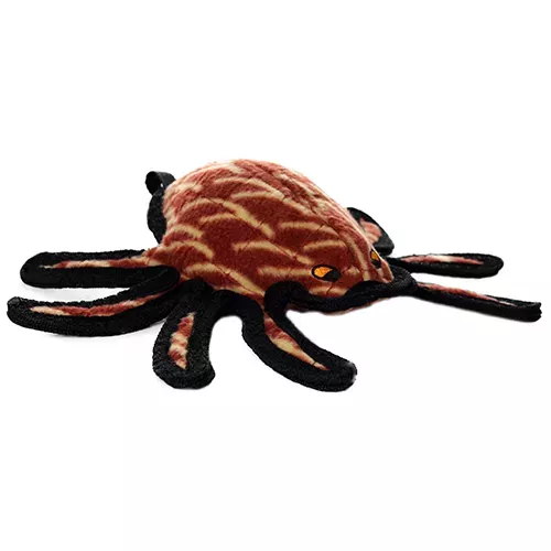 Tuffy desert spider plush toy, brown with striped body and long black legs