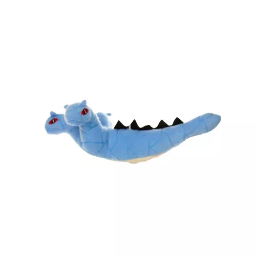 Blue dragon plush with red eyes, black jagged dorsal line, long stretched body