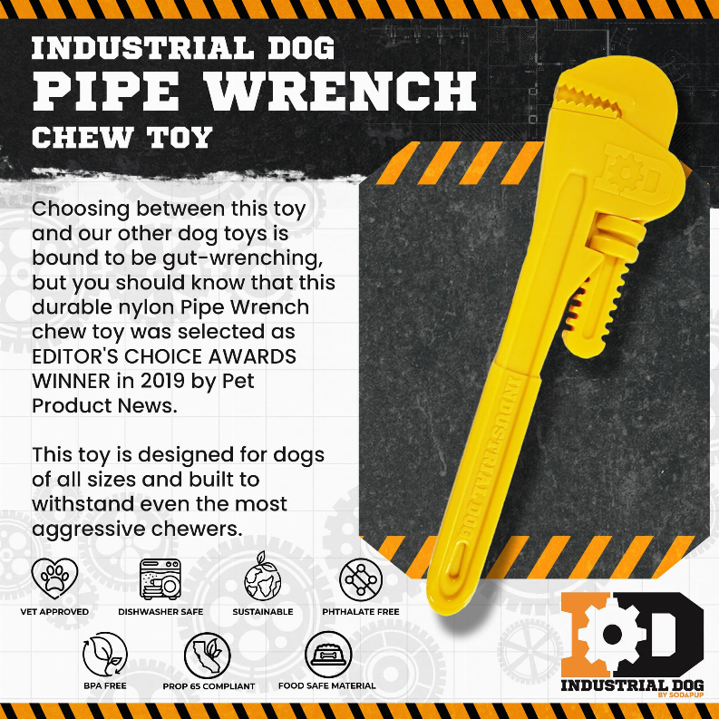 Yellow industrial dog pipe wrench chew toy shown upright with textured ridged end