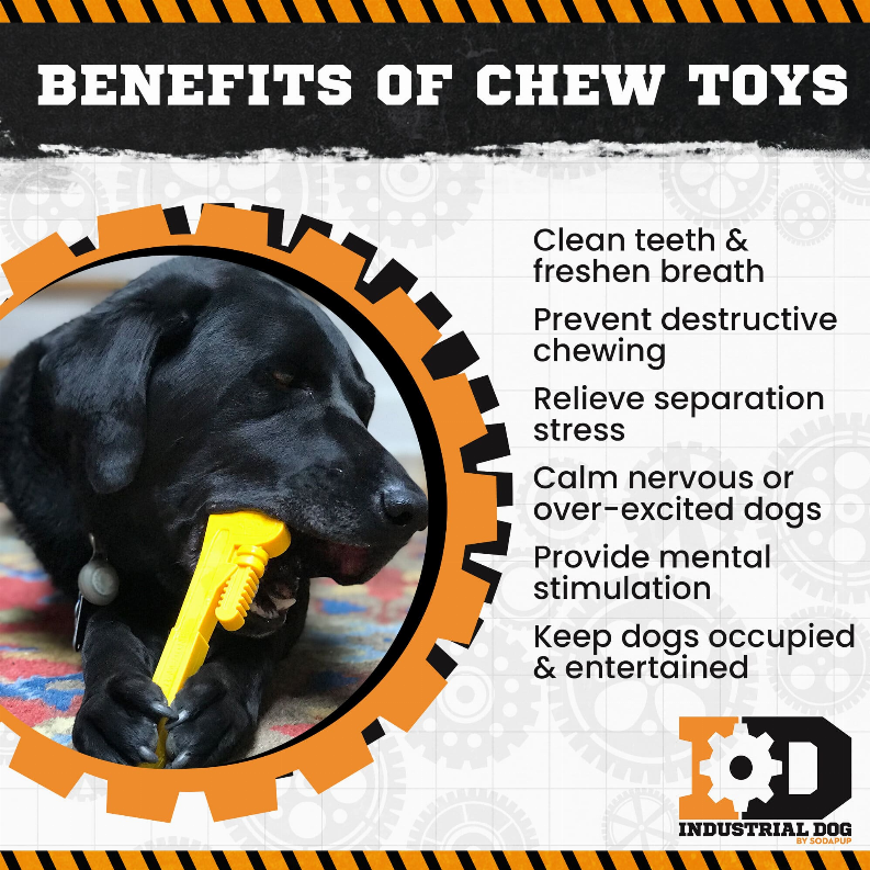 Dog chewing a yellow pipe wrench-style chew toy; benefits graphic beside the toy