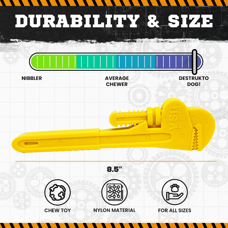 Yellow pipe wrench-style dog chew toy shown for durability and size, 8.5 in
