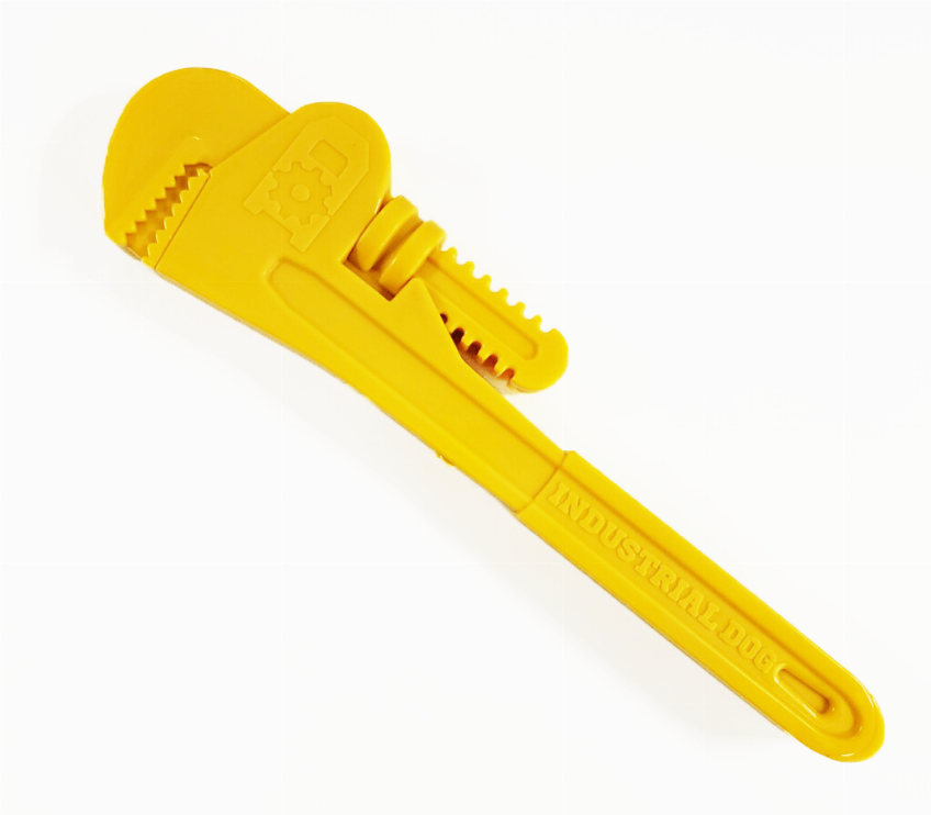 Yellow industrial pipe wrench chew toy in durable nylon with ridged grip and teeth